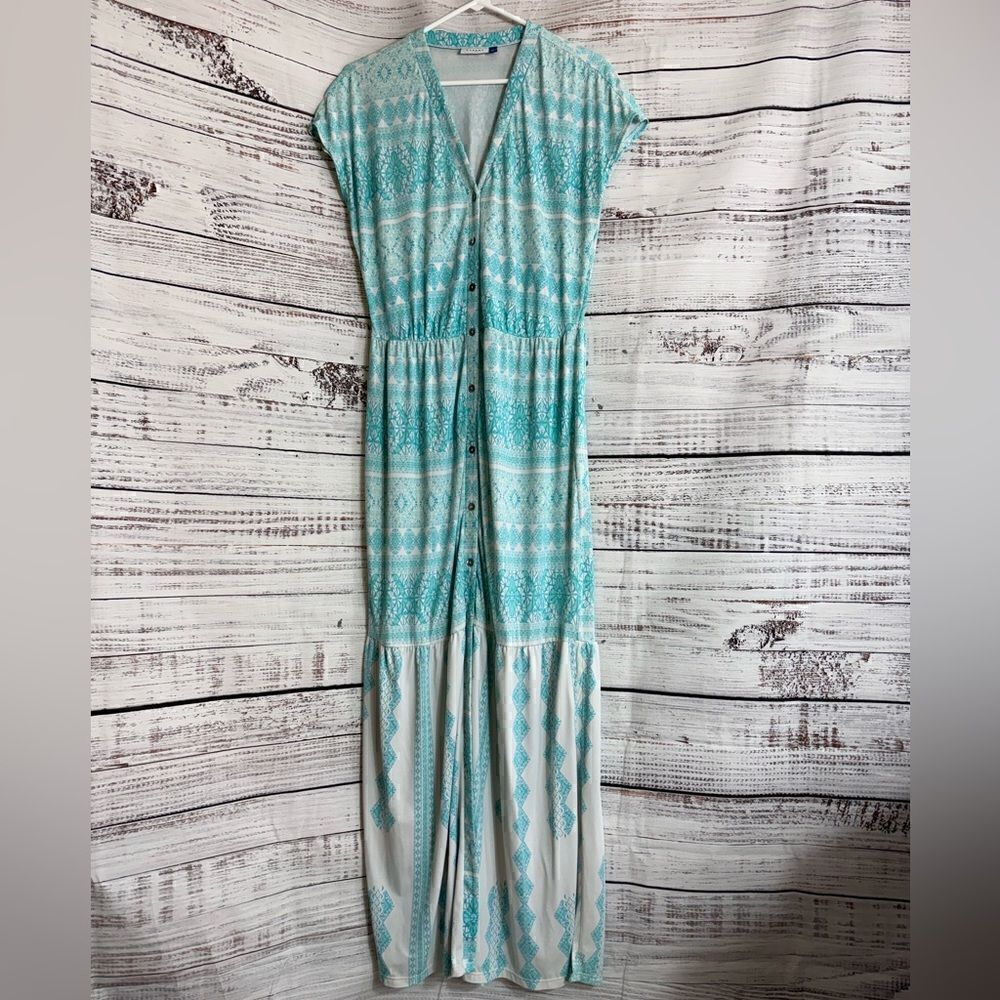Cabana Life Dress Womens Sz L Maxi button up paisley V Neck Tiered UPF Cover up